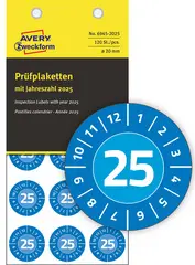 AVERY Zweckform Plaquette de contrôle 2025,NoPeel,bleu, 30mm