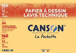 CANSON Papier à dessin Lavis technique, A3, 160 g/m2, blanc