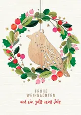 CACTUS Weihnachtskarte "Kranz & Vogel", mit Holzapplikation