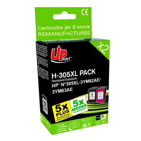 UPRINT PACK 2 CARTOUCHES REMA. HP 305XL AVEC NIVEAU-3YM62AE/63AE/6ZA94AE BK/3CL
