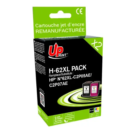 UPRINT PACK 2 CARTOUCHES REMANUFACTUREES HP 62XL-C2P05AE / C2P07AE BK/3CL