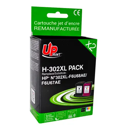 UPRINT PACK 2 CARTOUCHES REMANUFACTUREES HP 302XL-F6U68AE/F6U67AE BK/3CL
