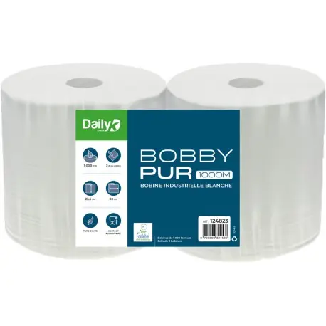 Bobine blanche 1000F pure ouate Ecolabel BOBBYPUR 1000M DAILYK- Lot 2