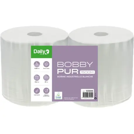 Bobine blanche 1500F pure ouate Ecolabel BOBBYPUR 1500M DAILYK-Lot 2