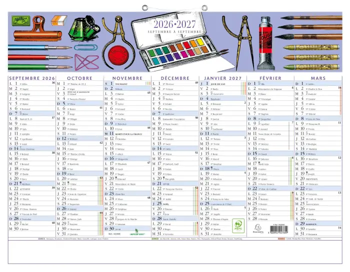 Calendrier Ecriture 43 x 33,5 cm Septembre 2026 à Septembre 2027