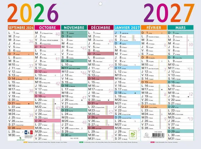 Calendrier Multicolore 29,5 x 22 cm Septembre 2026 à Septembre 2027 - Visuel