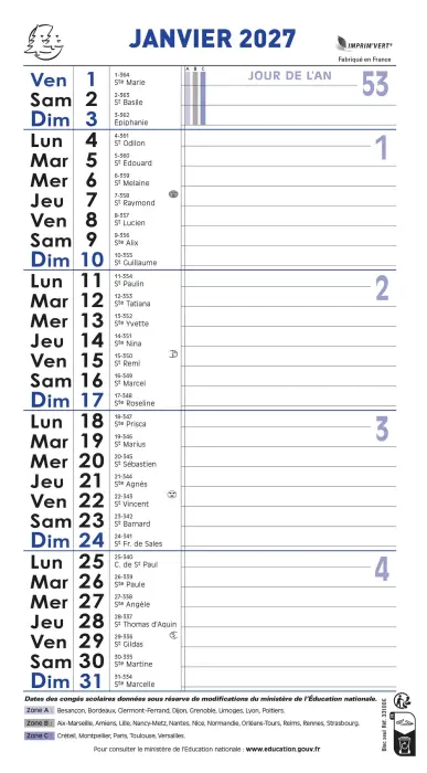 Calendrier bloc mensuel avec feuillets détachables sans support 15,5 x 28,5 cm 2027