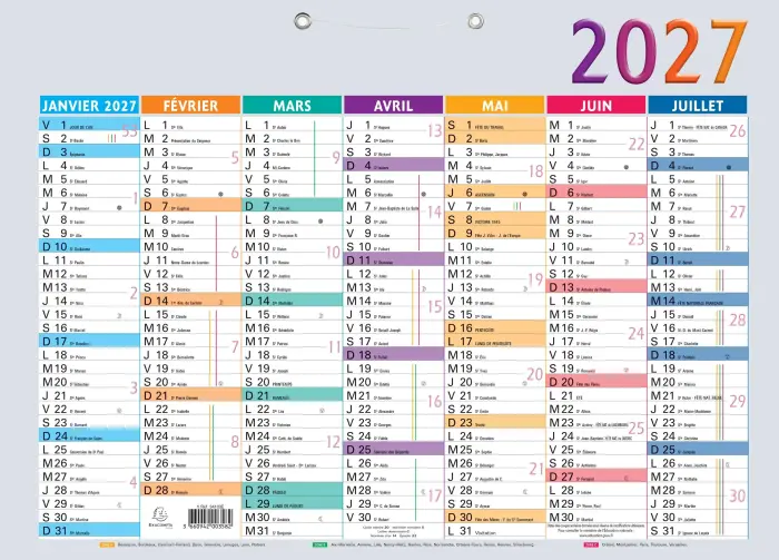Calendrier Multicolore 55 x 40,5 cm Semestriel 2027 - Multicolore