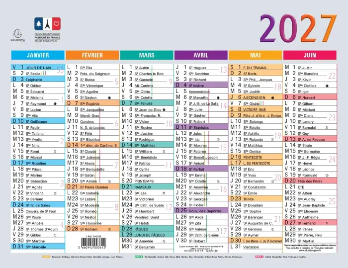 Calendrier Multicolore 13 x 17 cm Semestriel 2027 - Visuel