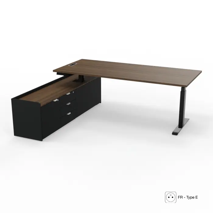 Axel 2 bureau direction L.200 x P. 90 cm mélamine noyer brun Electrification intégrée FR type E avec meuble mélamine Noir/mélamine noyer brun 1 porte + 3 tiroirs à gauche piètements métal lisse noir