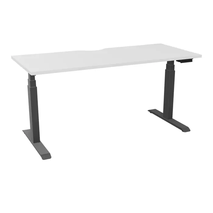 Bureau rectangulaire ERIN L. 160 x P. 70 cm x Ep 25 mm avec échancrure mélamine blanc neige piètements I motorisés réglables en haut avec boîtier de cde memoires de position + USB A+C finition métal structuré g