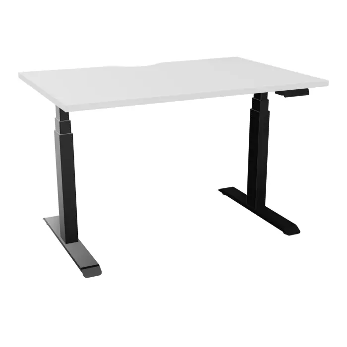 Bureau rectangulaire ERIN L. 120 x P. 80 cm x Ep 25 mm avec échancrure mélamine blanc neige piètements I motorisés réglables en haut avec boîtier de cde memoires de position + USB A+C finition métal lisse noir