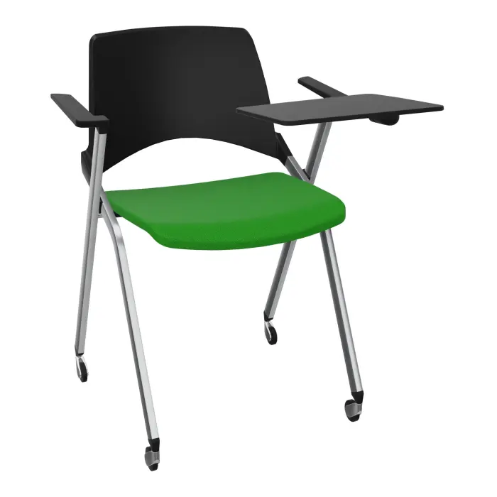 Chaise Emi dossier polypropylène noir assise tissu Step bambou pivot avec accoudoirs tablette à gauche 4 pieds sur roulettes métal chromé