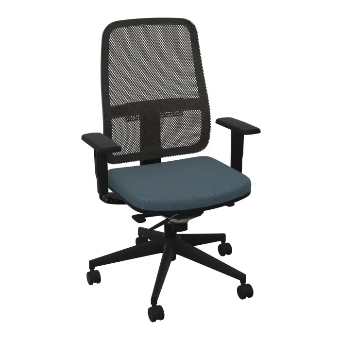 Siège Paul résille noire/tissu Bondaï gris orage mécanisme synchrone avec translation d'assise accoudoirs 1D piétement nylon noir avec roulettes pour sols souples