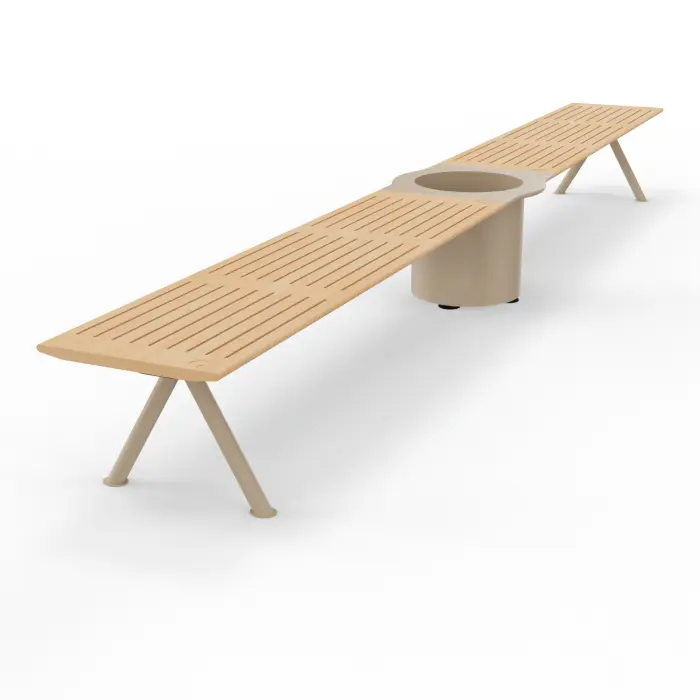 Banc avec jardinière jonction 2 bancs 180° bouleau stratifié sur structure métallique