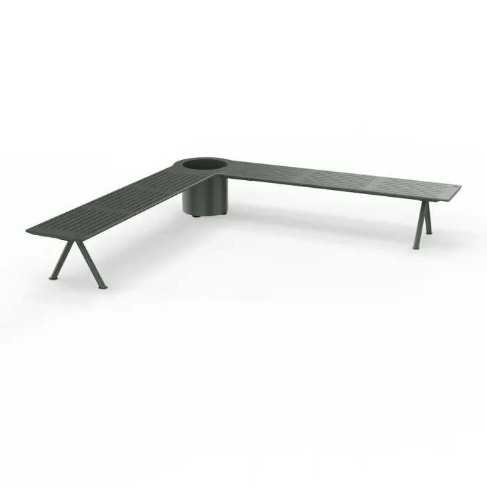 Banc avec jardinière jonction 2 bancs 90° plastique vert sur structure métallique