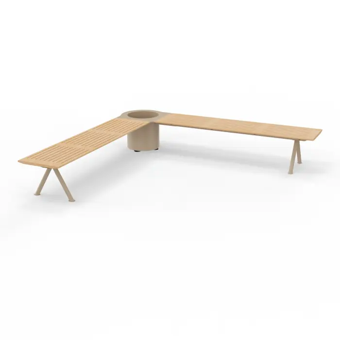 Banc avec jardinière jonction 2 bancs 90° bouleau stratifié sur structure métallique