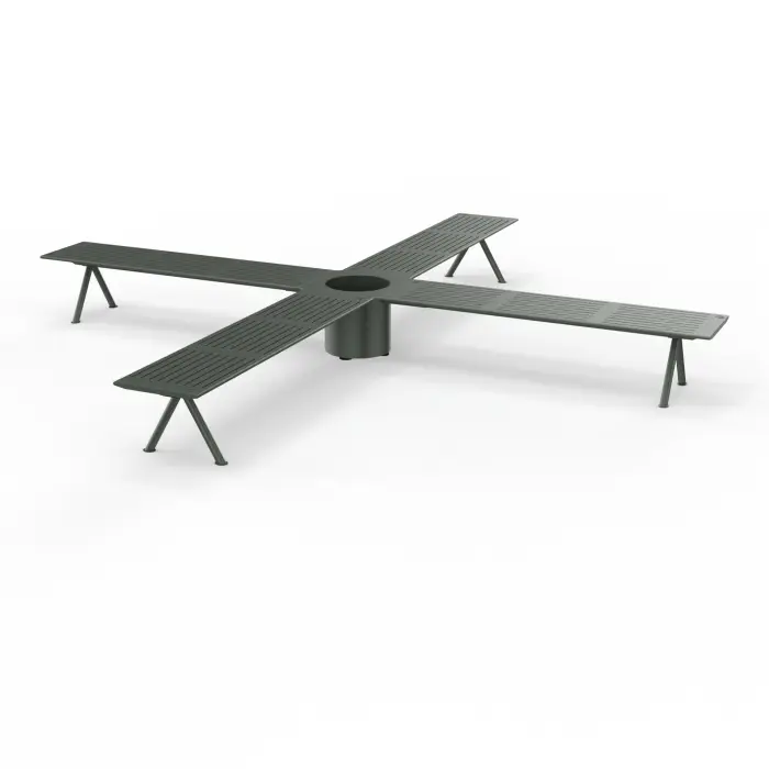 Banc avec jardinière jonction 4 bancs en X plastique vert sur structure métallique