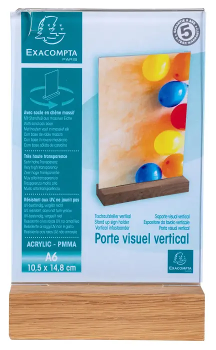 Porte-visuel avec socle en bois vertical A6 - Cristal