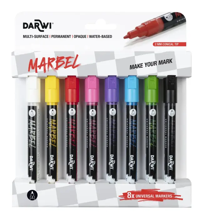 MARBEL Set de 8 Marqueurs Universel Pointe Conique Fine 2mm, Assortiment Vif - Assortiment vif - New