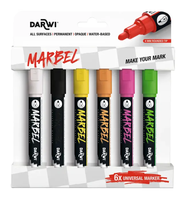 MARBEL Set de 6 Marqueurs Universel Pointe Ronde Médium 4mm, Assortiment Fluo - Assortiment fluo