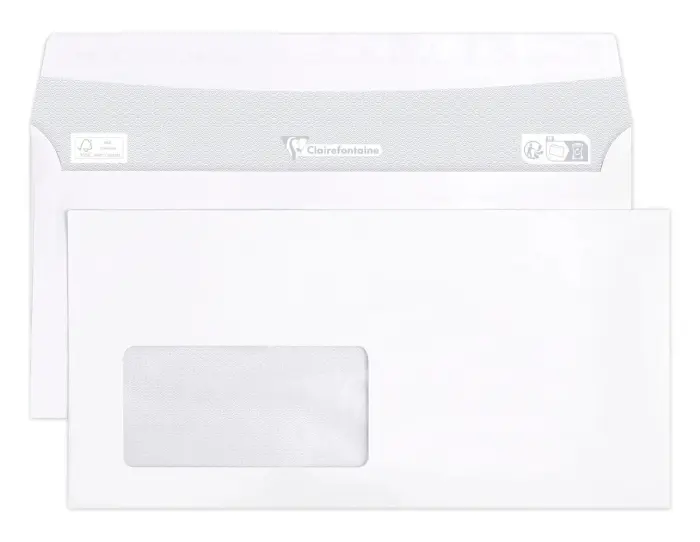 Boite de 500 Enveloppes CLAIRALFA Blanches DL-110x220mm - Auto-Adhésives - 80g/m2 - Fenêtre Papier Cristal 45x90 (position 15/20)