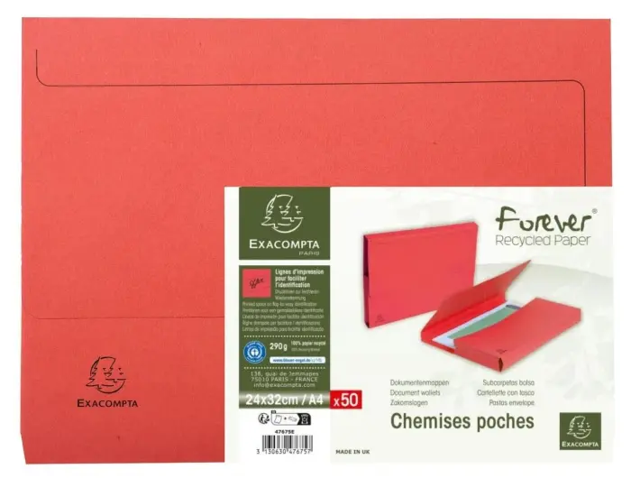 Paquet de 50 chemises poche coloris vifs Forever® - 24x34cm - Rouge