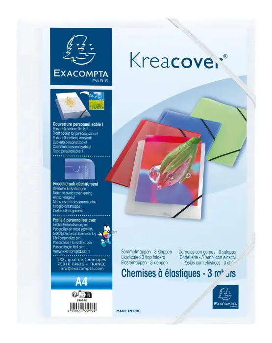 Chemise à élastiques 3 rabats polypropylène opaque Krea Cover - A4 - Blanc