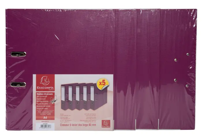 Lot de 5 classeurs à levier intérieur et extérieur en polypropylène - dos de 80mm - mécanique Prem'Touch - A4 - Fuchsia