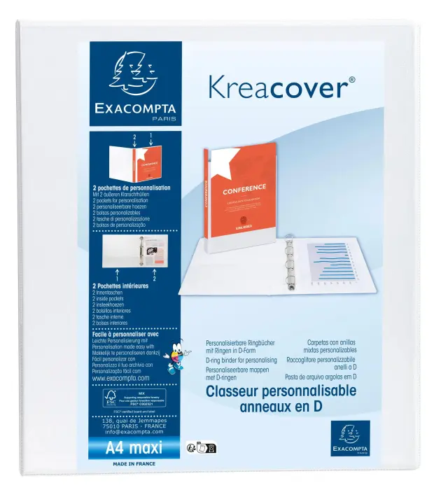 Classeur PP personnalisable Kreacover - 4 anneaux en D 40mm - A4 maxi - Blanc