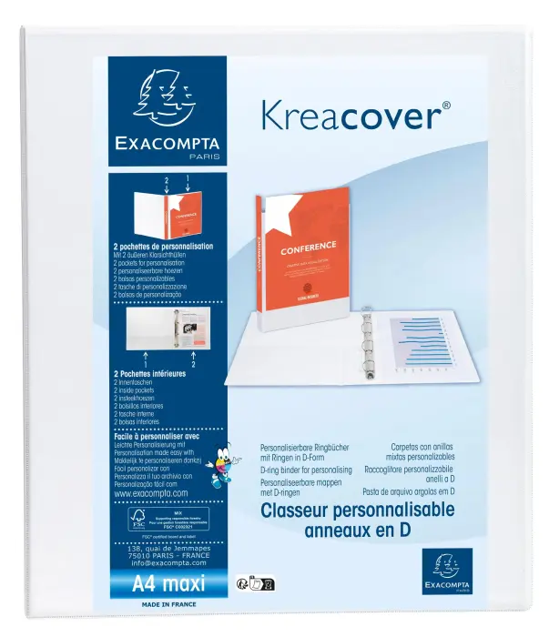 Classeur personnalisable rigide 2 poches KreaCover - 2 anneaux en D 40mm - A4 maxi - Blanc
