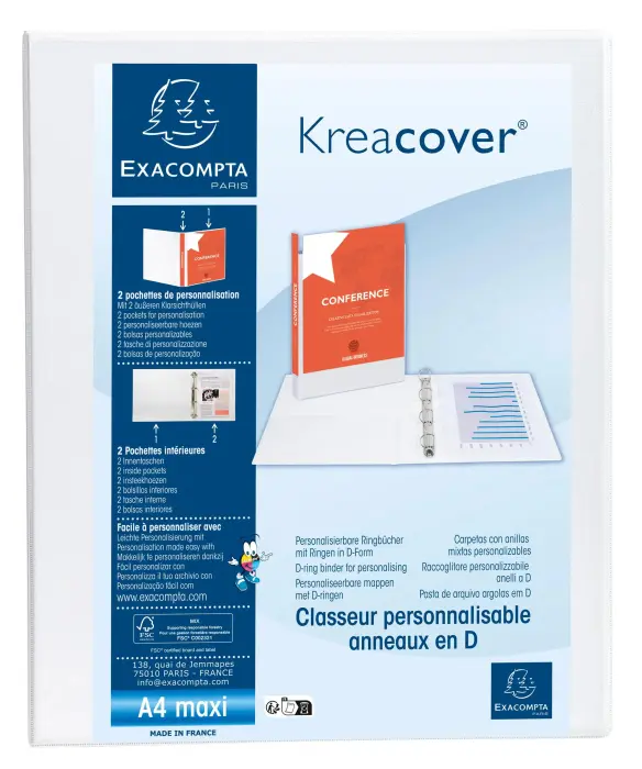 Classeur PP personnalisable Kreacover - 4 anneaux en D 20mm - A4 maxi - Blanc
