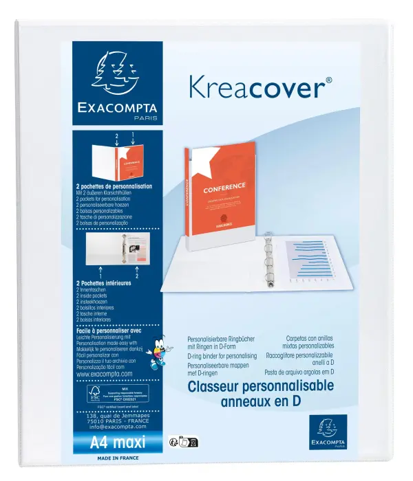 Classeur personnalisable rigide 2 poches KreaCover - 4 anneaux en D 30mm - A4 maxi - Blanc