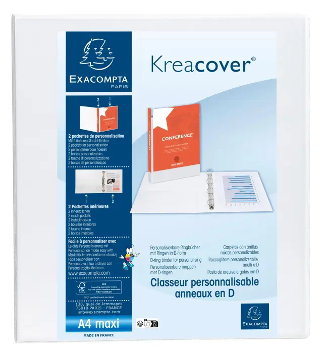 Classeur PP personnalisable Kreacover - 4 anneaux en D 50mm - A4 maxi - Blanc