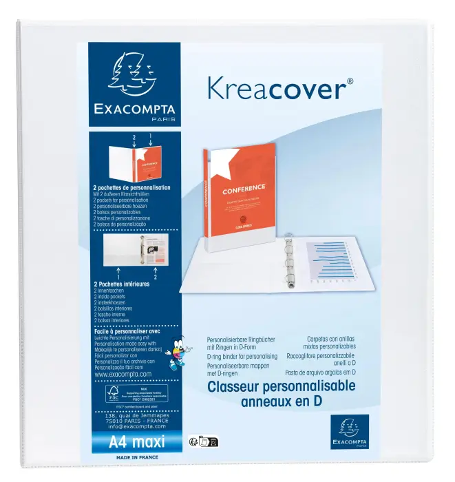 Classeur PP personnalisable Kreacover - 4 anneaux en D 60mm - A4 maxi - Blanc