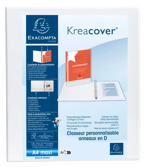 Classeur PP personnalisable Kreacover - 2 anneaux en D 15mm - A4 maxi - Blanc