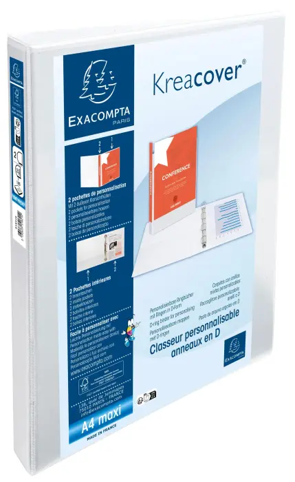 Classeur PP personnalisable Kreacover - 2 anneaux en D 20mm - A4 maxi - Blanc