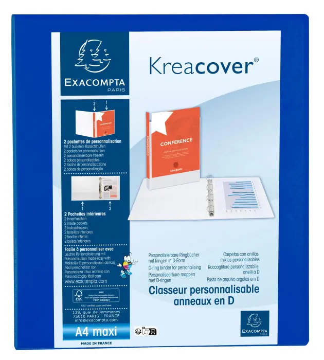 Classeur PP personnalisable Kreacover - 2 anneaux en D 40mm - A4 maxi - Bleu