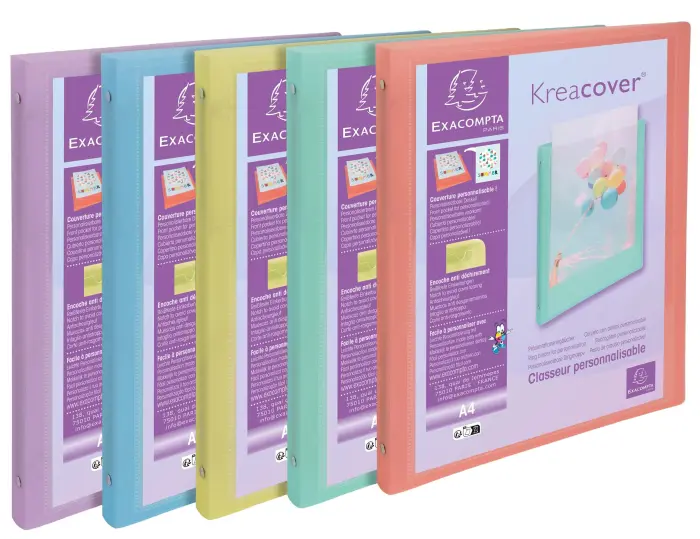 Classeur 4 anneaux 15mm polypropylène Kreacover Pastel - A4 - Couleurs assorties
