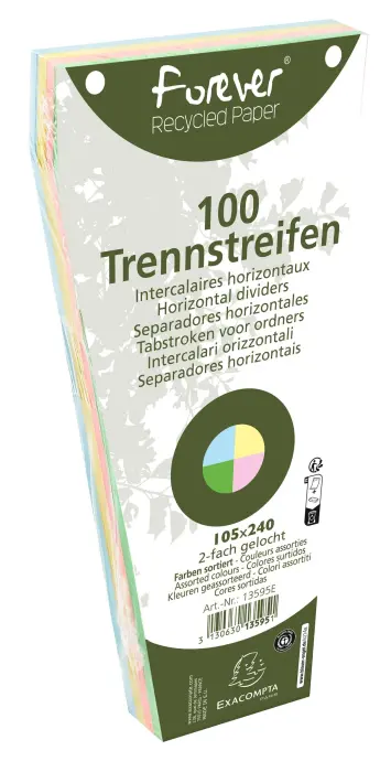 Paquet 100 fiches intercalaires trapézoïdales unies perforées Forever - 105x240mm - Couleurs assorties