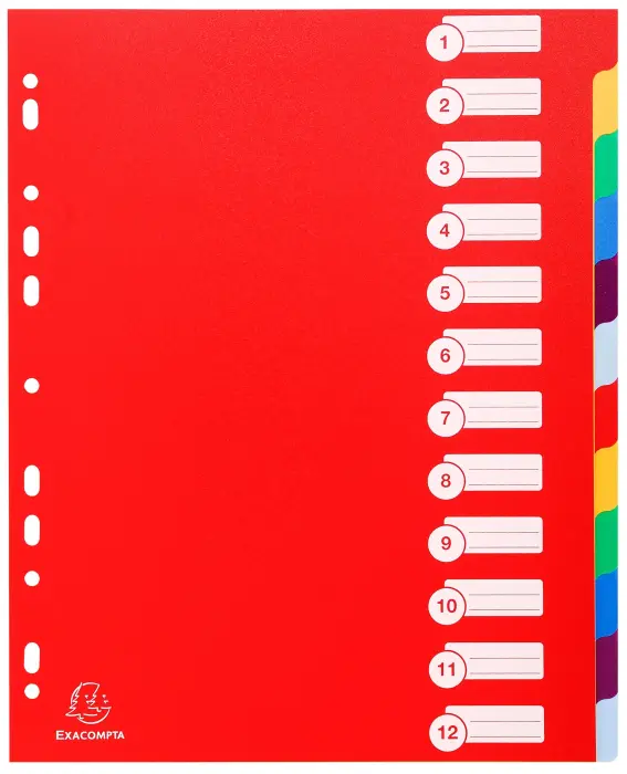 Intercalaires polypropylène opaque semi rigide 12 positions - A4 maxi - Couleurs assorties