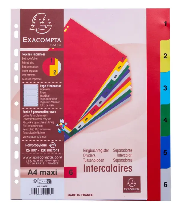 Intercalaires imprimés numériques polypropylène 12/100e - 6 positions - A4 Maxi - Assorties vives