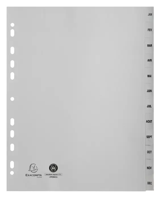 Intercalaires imprimés mensuels PP recyclé gris Janvier-Décembre 12 positions - A4 Maxi - Gris