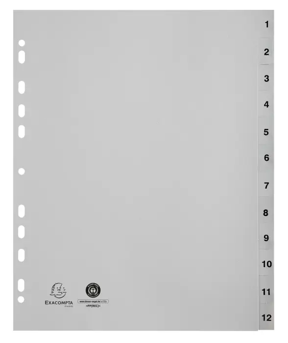 Intercalaires imprimés numériques PP recyclé gris 12 positions - A4 Maxi - Gris