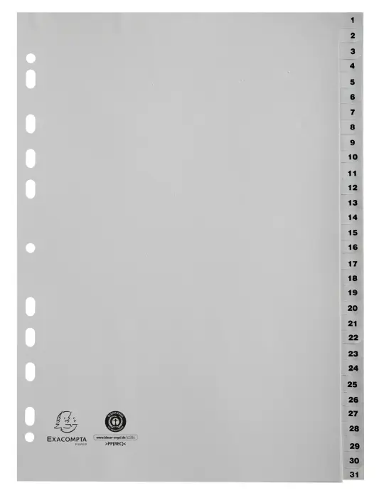 Intercalaires imprimés numériques PP recyclé gris - 31 positions - A4 - Gris
