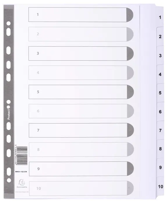 Intercalaires imprimés à touches plastifiées - 10 touches 1 à 10 - A4 maxi - Blanc