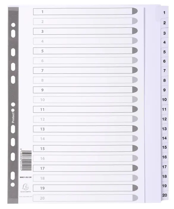 Intercalaires imprimés à touches plastifiées - 20 touches 1 à 20 - A4 maxi - Blanc