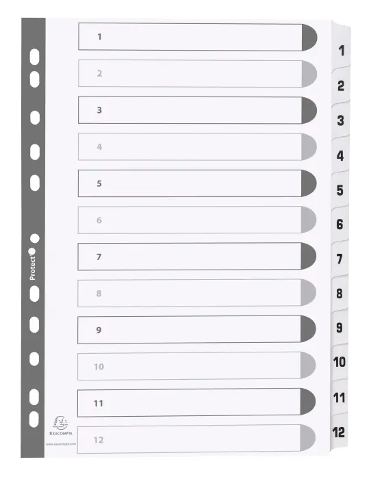Intercalaires imprimés à touches plastifiées - 12 touches 1 à 12 - A4 - Blanc