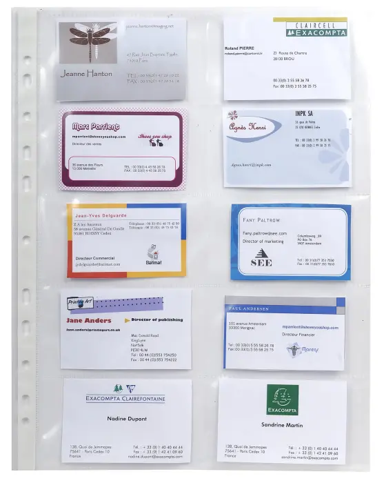 Sachet de 10 pochettes perforées pour cartes de visite 10 emplacements - polypropylène lisse 11/100e - A4 - Cristal