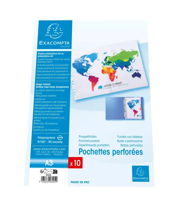 Sachet 10 pochettes perforées polypropylène lisse A3 pliées - Incolore